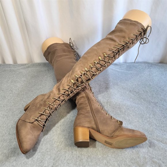 * So Me Taupe (Tan) Over The Knee Lace Up Block Heel Boots - Picture 11 of 12